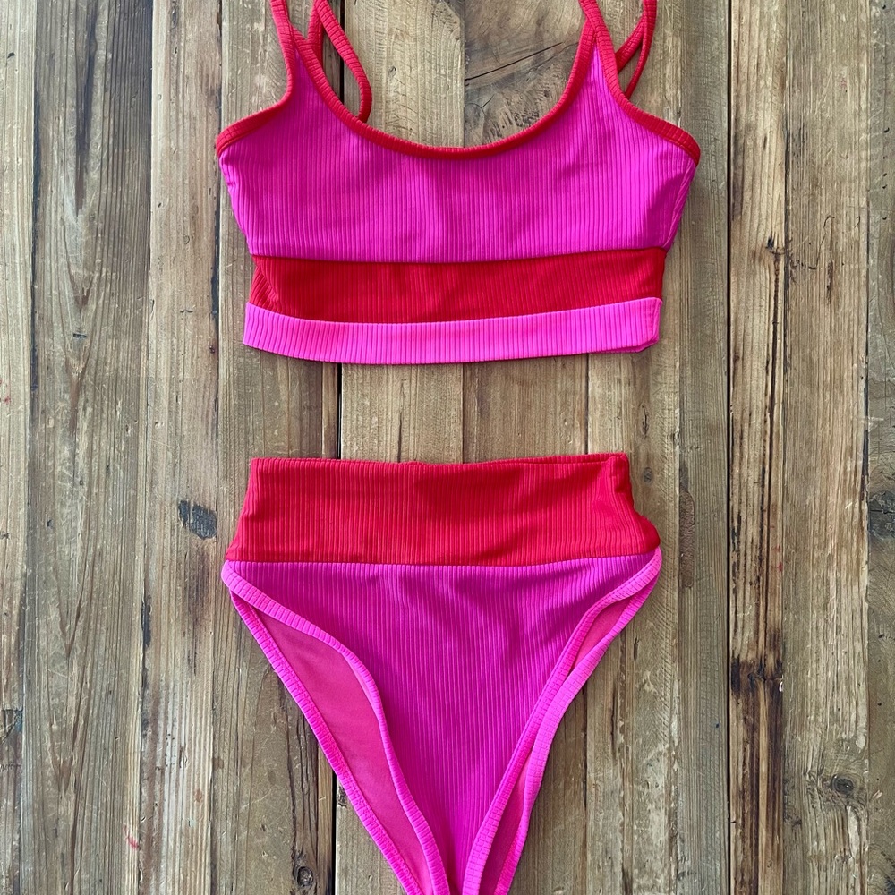 Beach Riot Hot Pink and Red Ribbed High-Waist Bikini